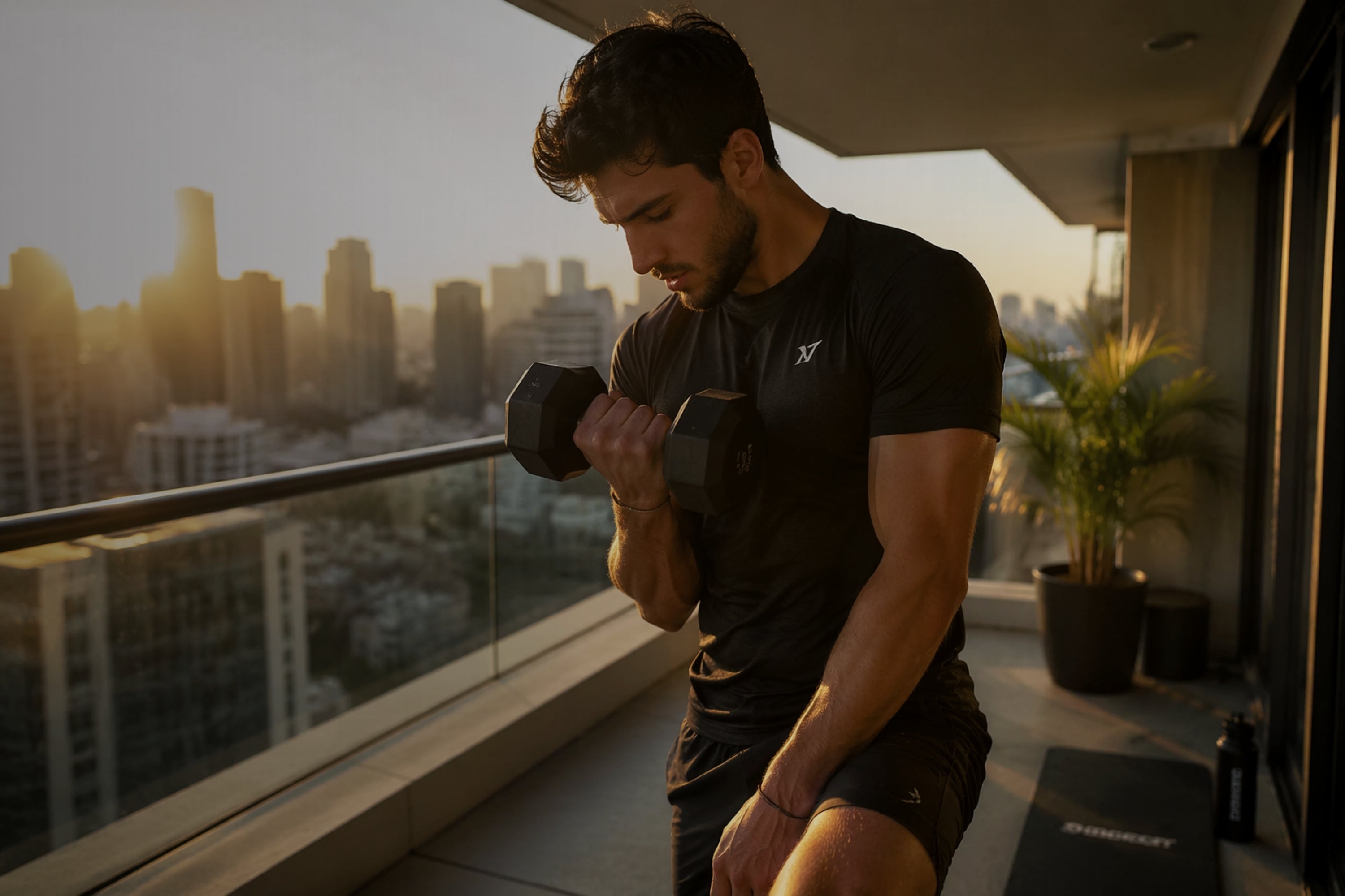 Man exercising with dumbbells on a balcony with city skyline in the background