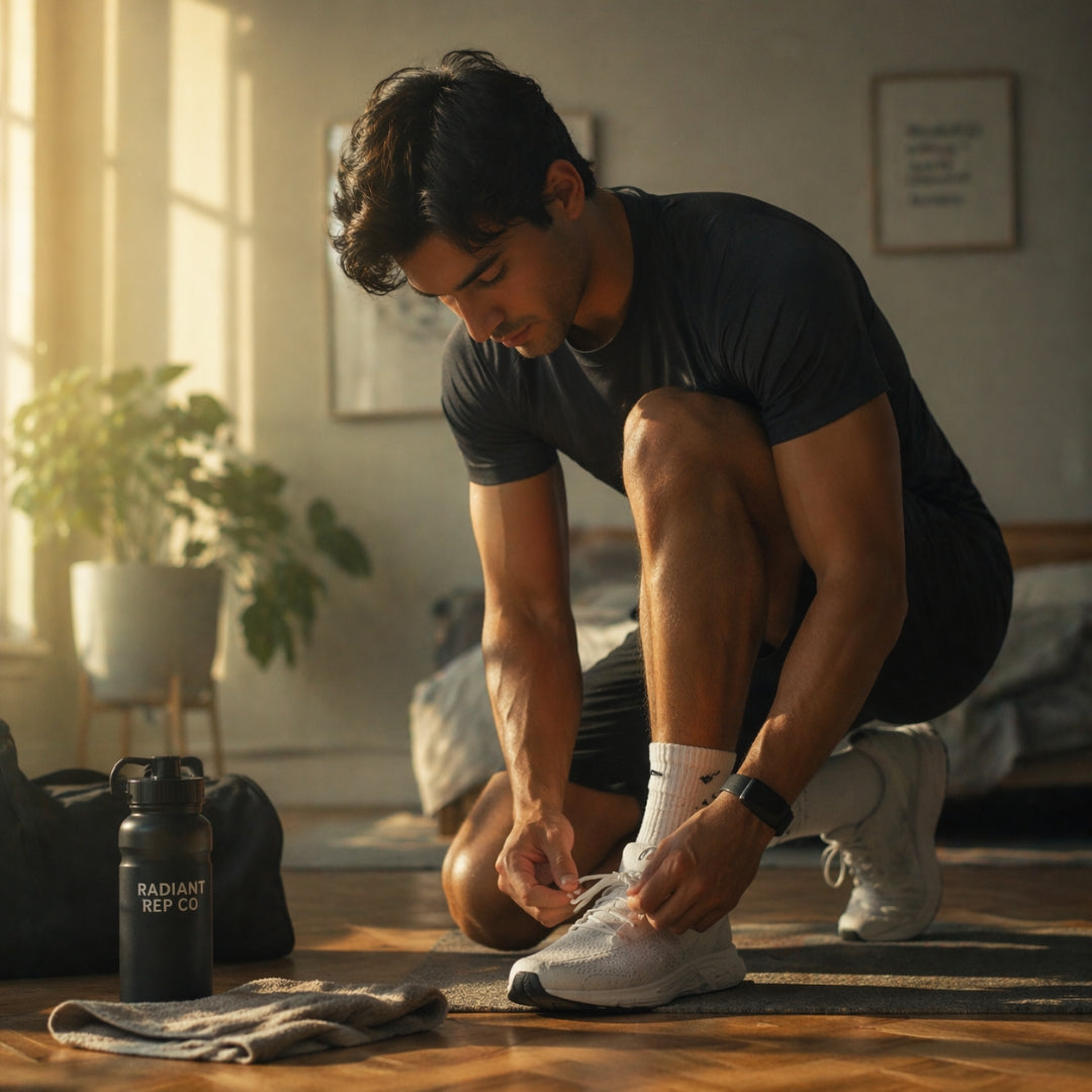 Man tying his shoes in a room with a water bottle and towel on the floor.