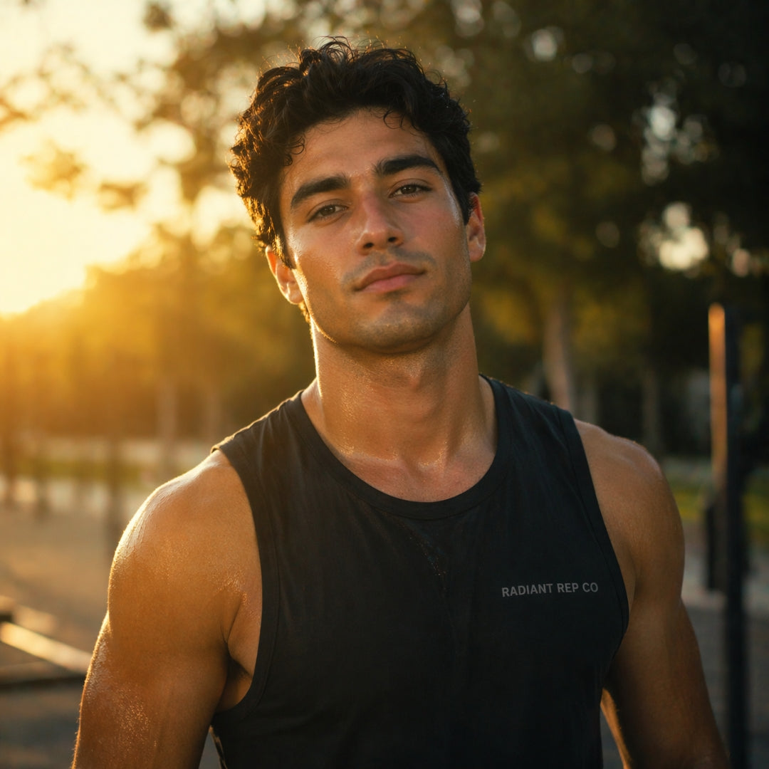Man wearing a black sleeveless shirt with 'Radiant Rep Co' logo outdoors during sunset.