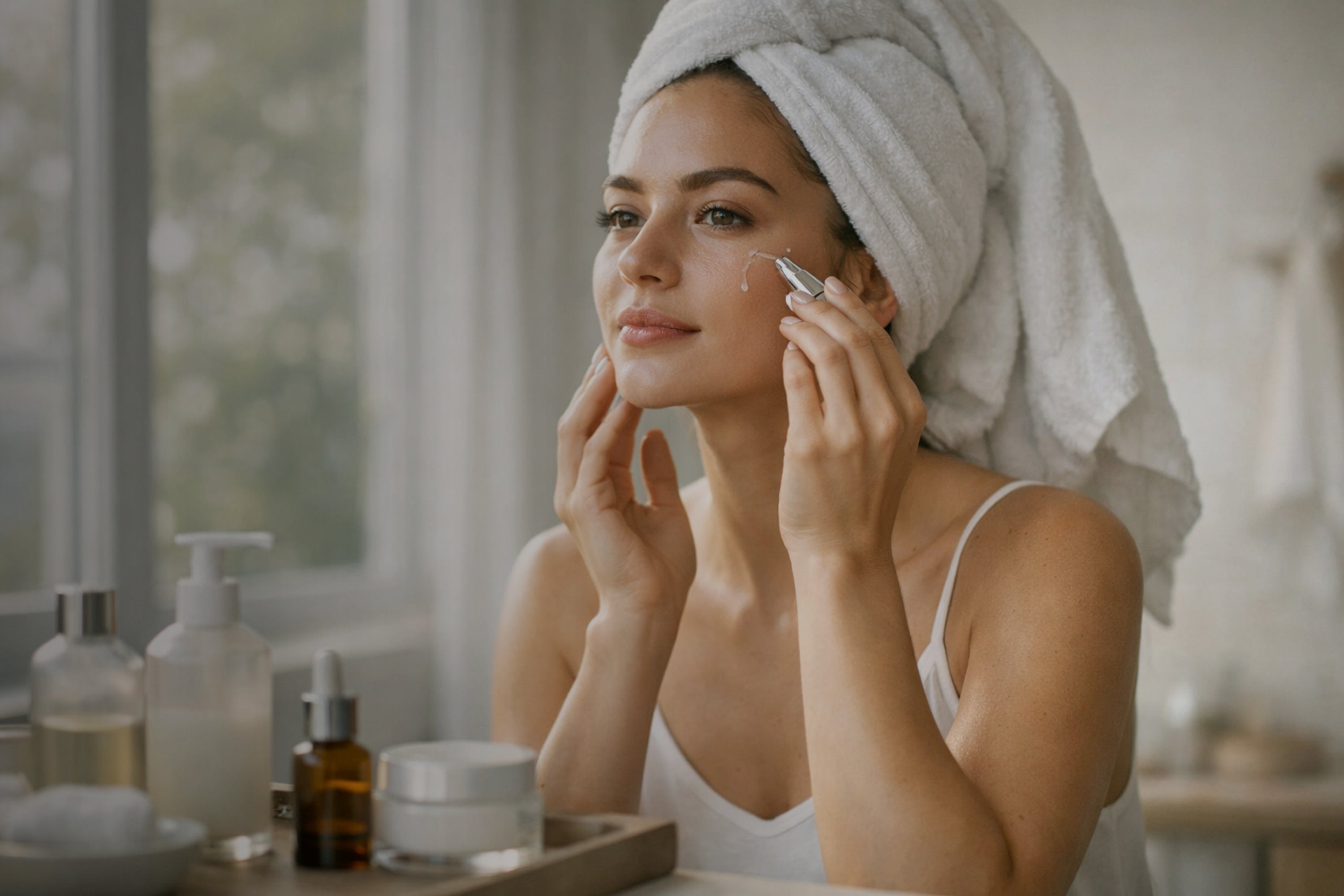 Woman applying skincare product in a bathroom setting