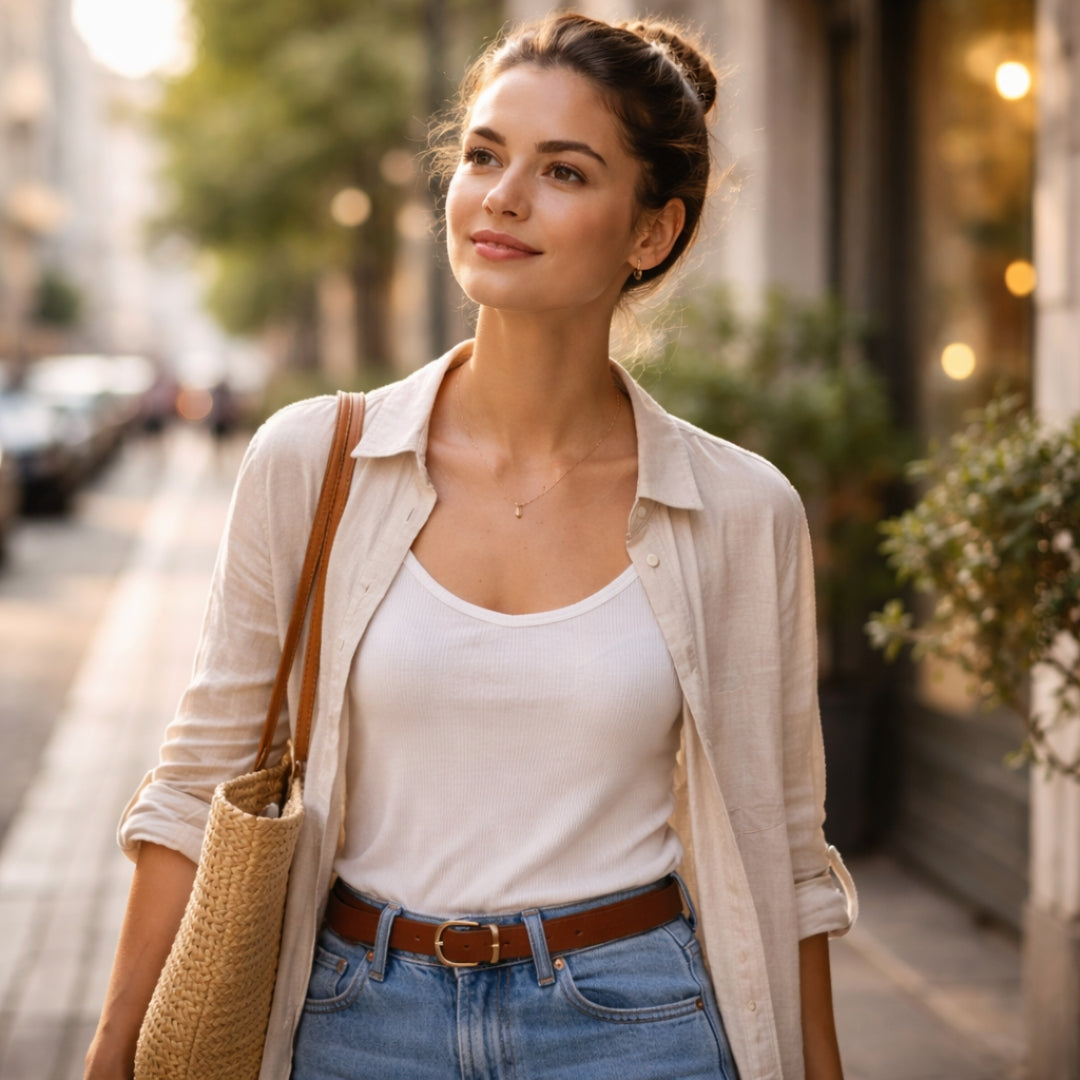 Woman walking on a street holding a straw bag, wearing a beige jacket and white top.
