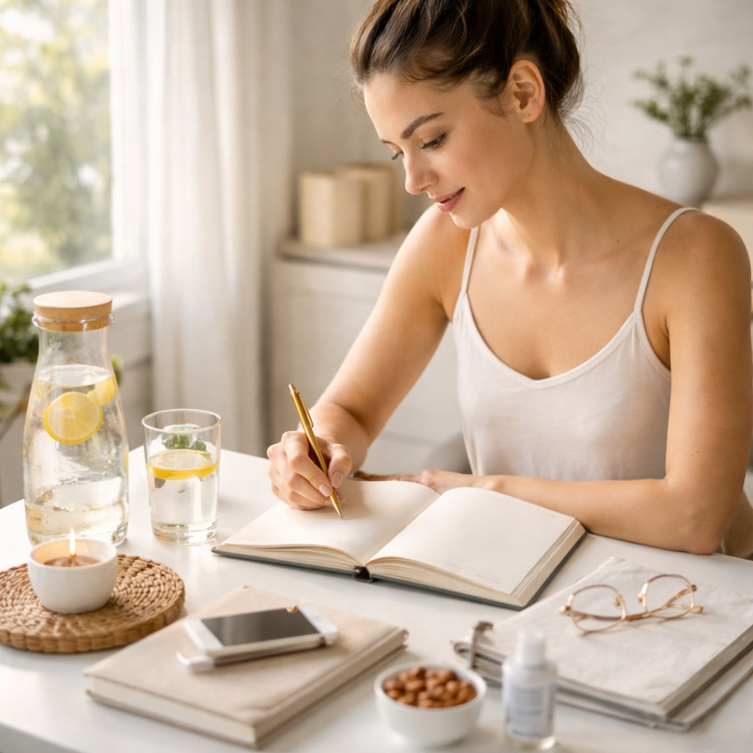 Woman writing in a notebook at a table with a glass of water, lemon, and phone.